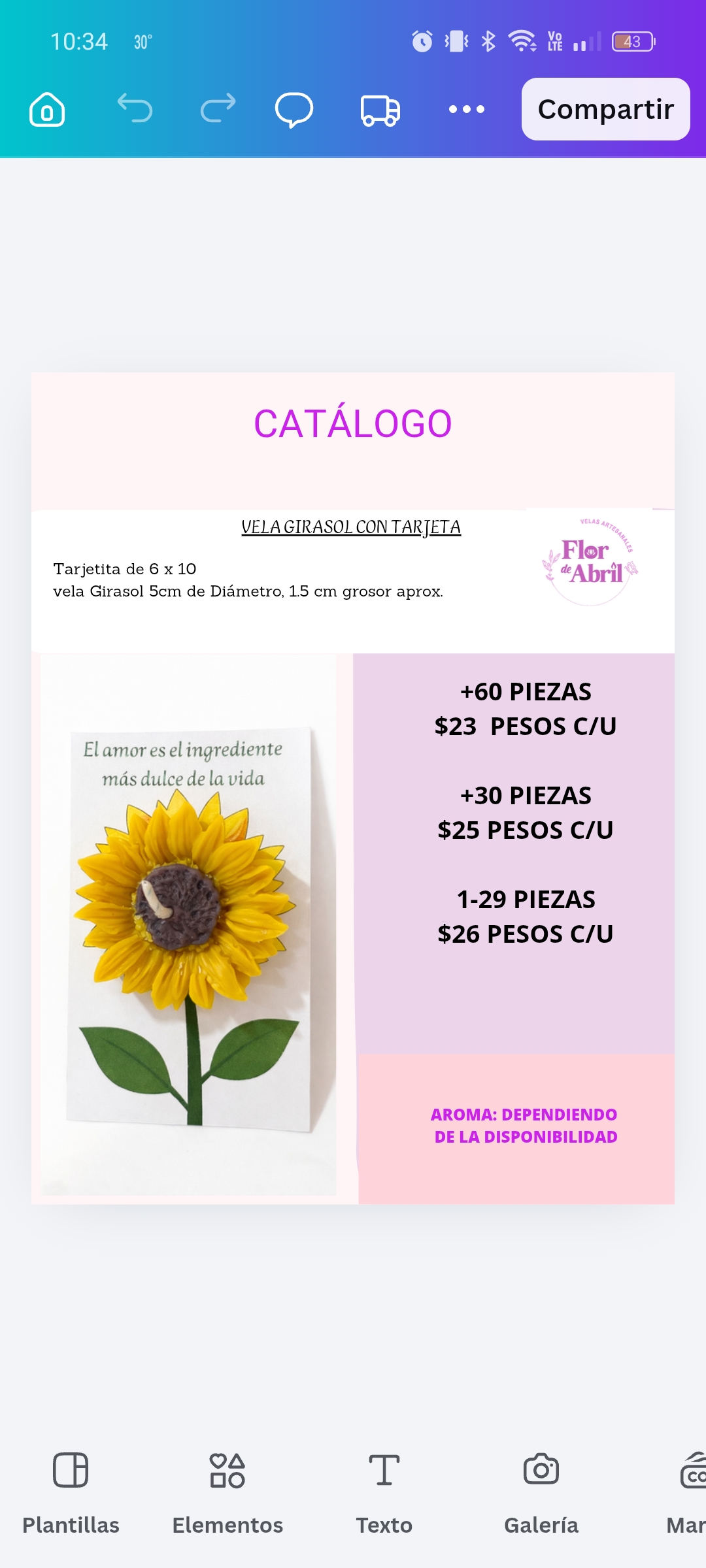 Girasol en tarjetita vela